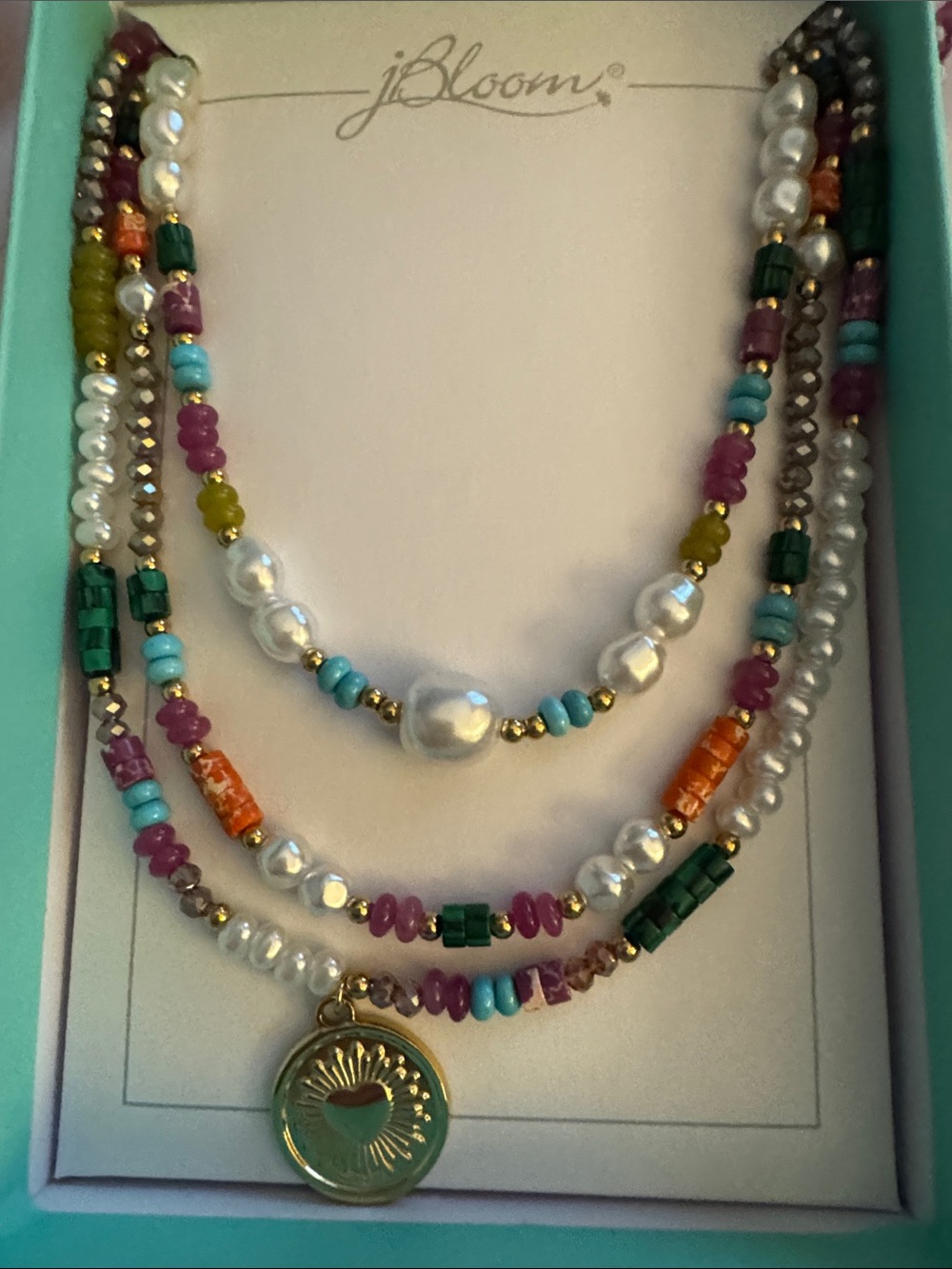 bloom Marlowe Multicolor Pearl & Bead Layered Necklace w Gold Sun Heart Pendant